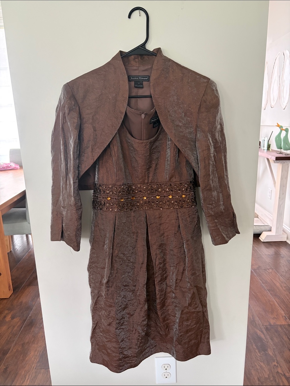Jessica Howard Brown Textured Beaded Waist Dress and Jacket Set